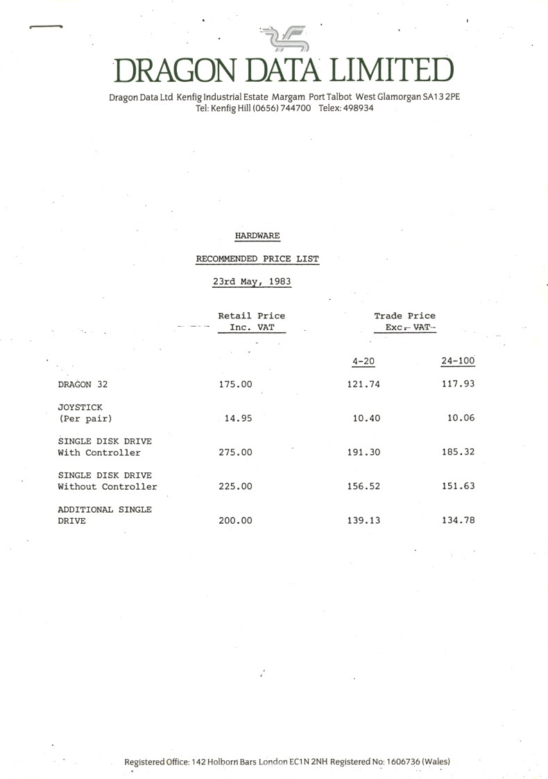 Dragon Dealer Price List May 1983