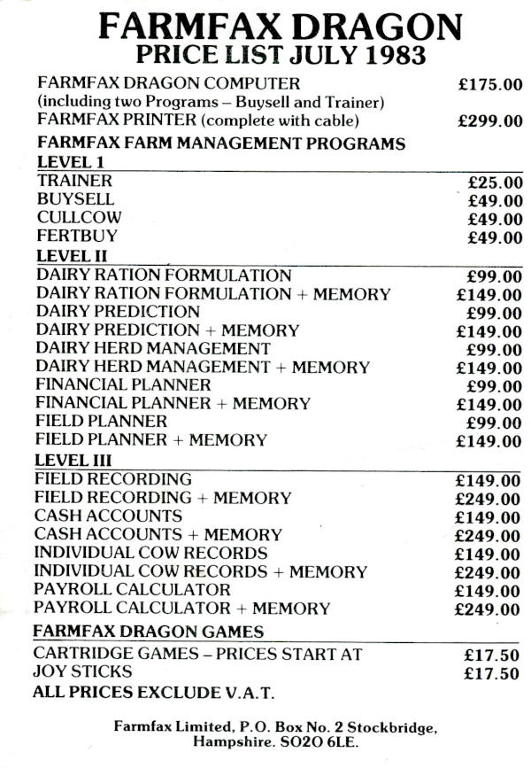 FarmFax Price List July 1983