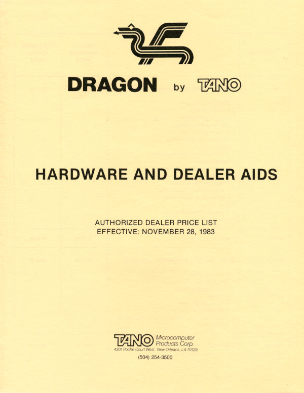 Front Cover Dragon TANO Hardware and Dealer Aids Price List